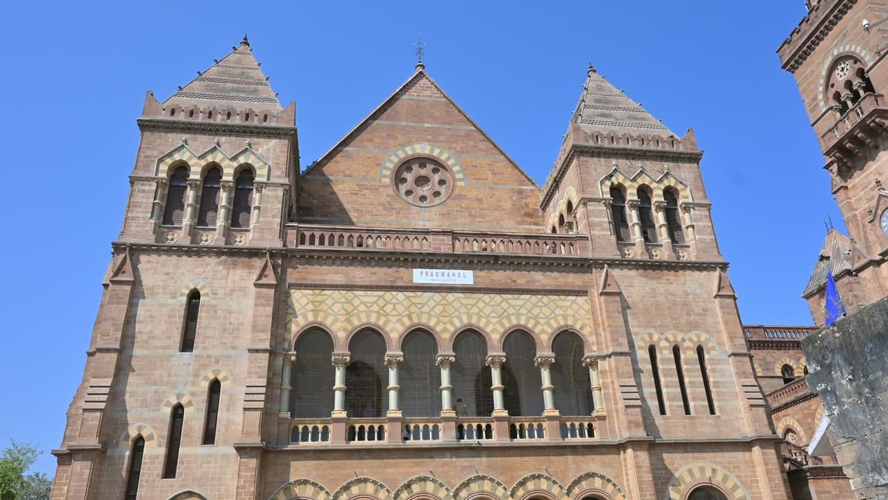 The stone facade of Prag Mahal in Bhuj